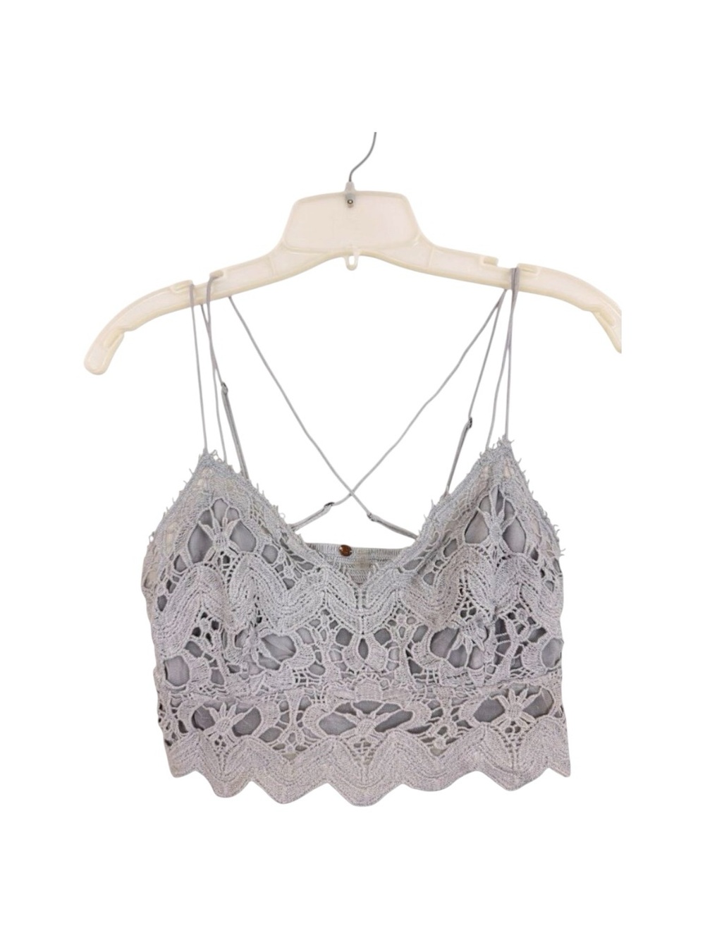 Free People FP One Crochet Lingerie Top L Gray Lace Boho Strappy V-Neck Cropped